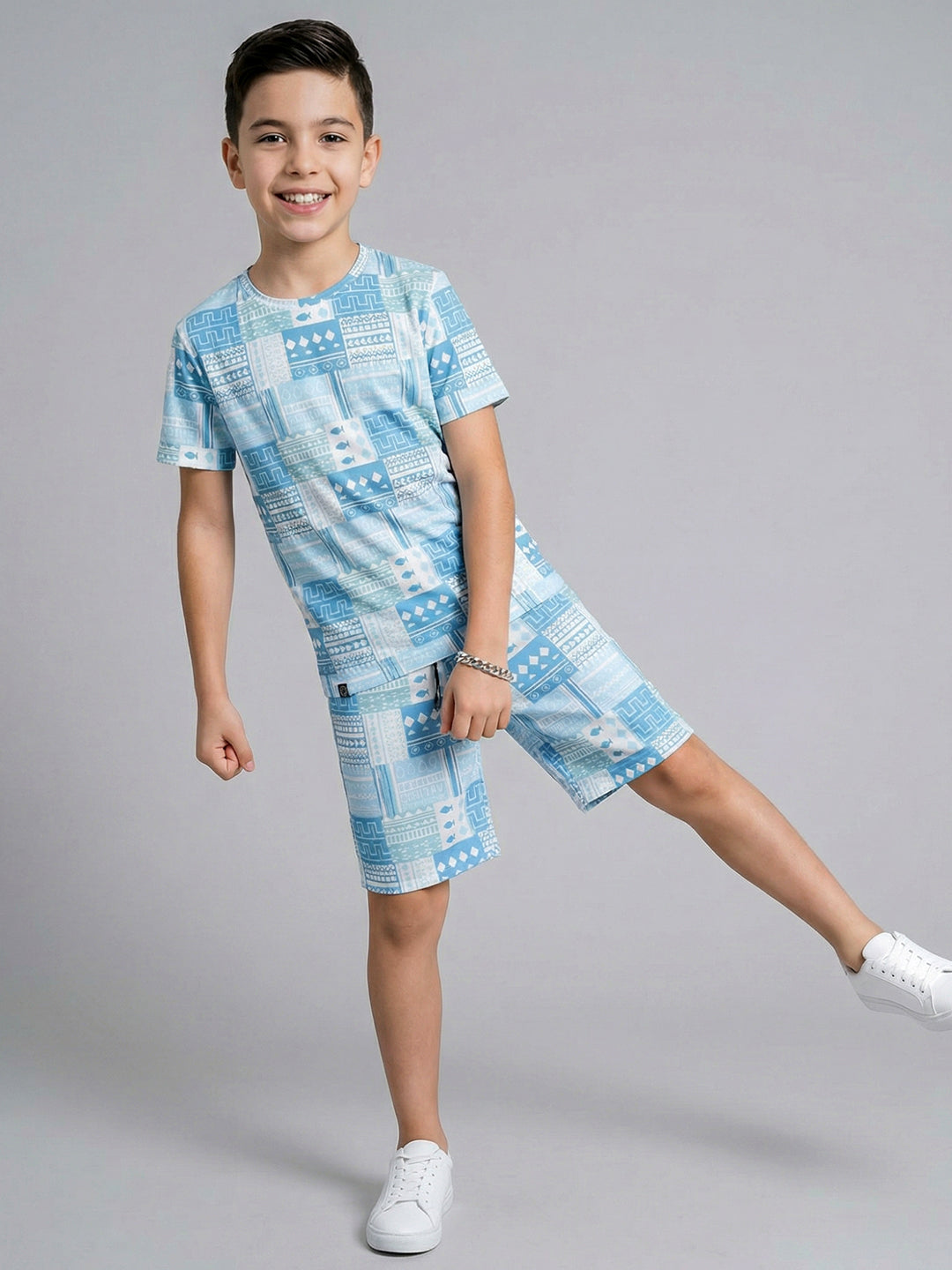 Boys Blue Printed Round Neck Half Sleeve Cords Set
