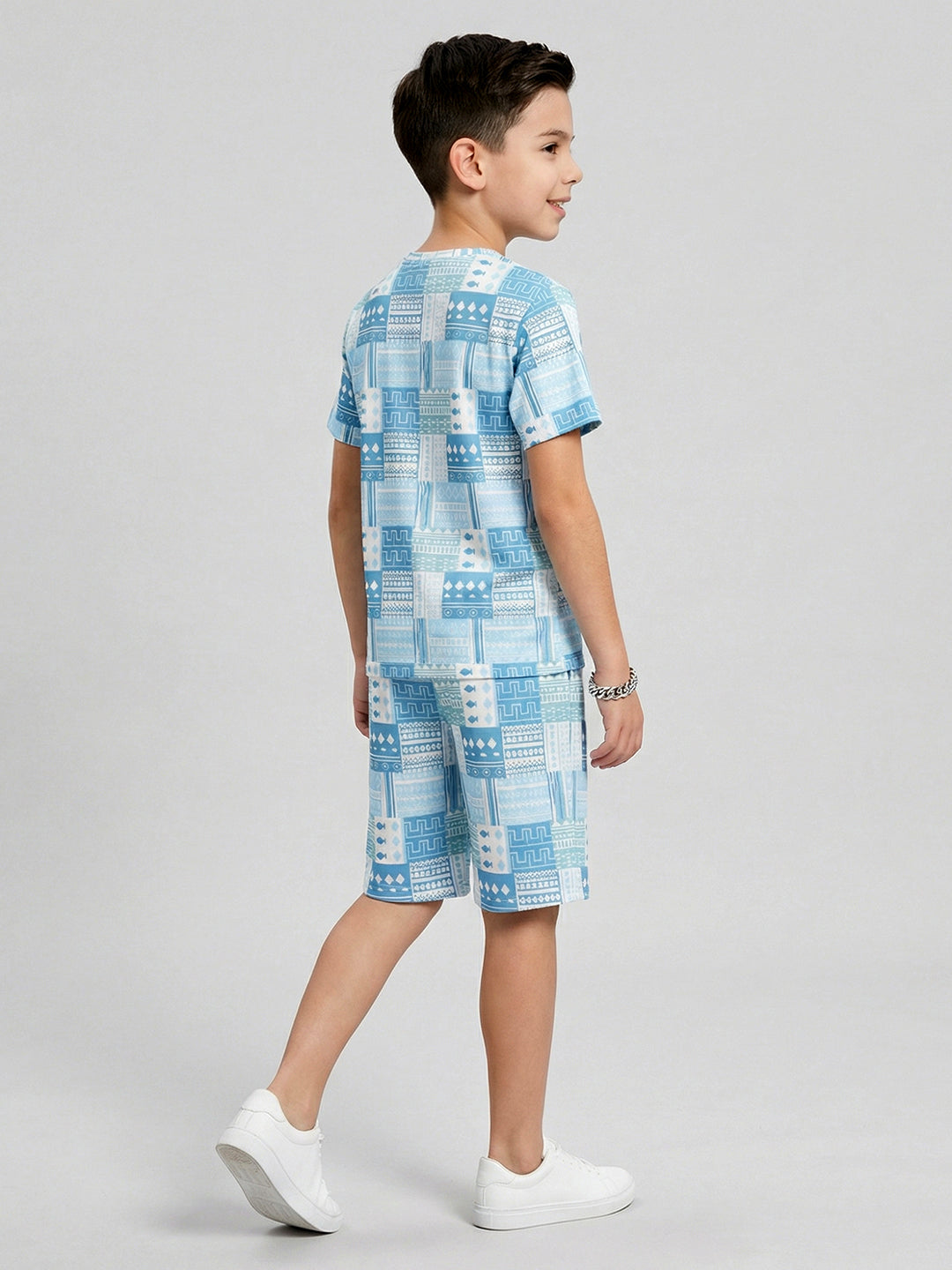 Boys Blue Printed Round Neck Half Sleeve Cords Set