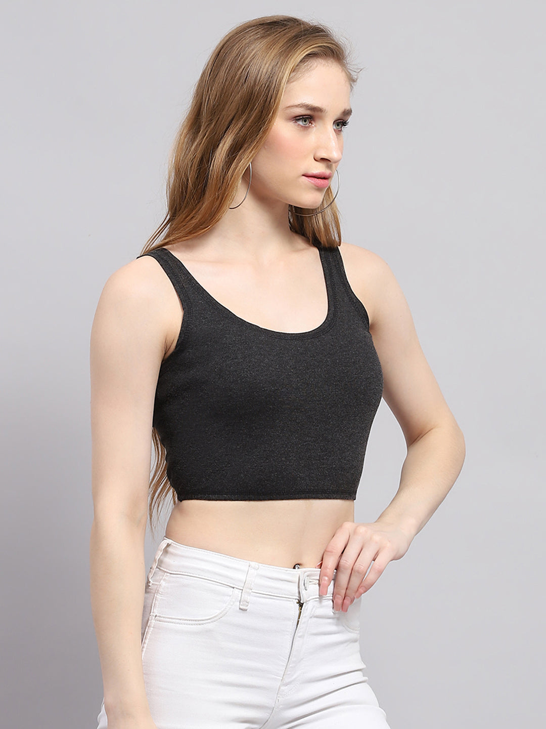 Women Grey Solid Thermal Blouse Top