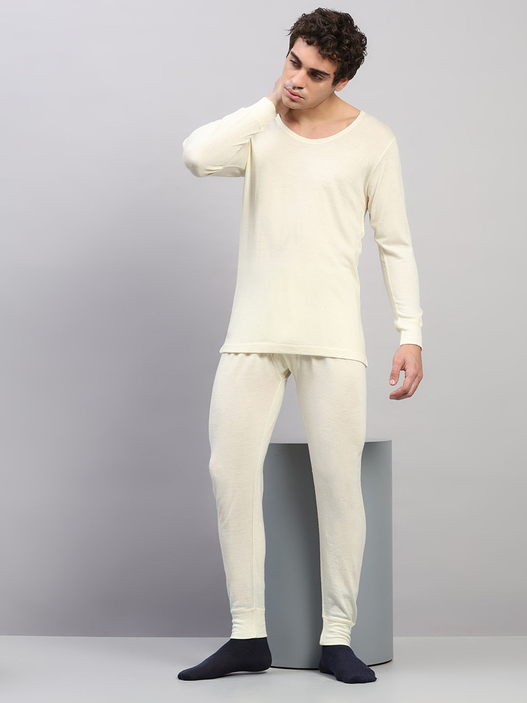 Men Cream Solid Regular Fit Thermal Lower
