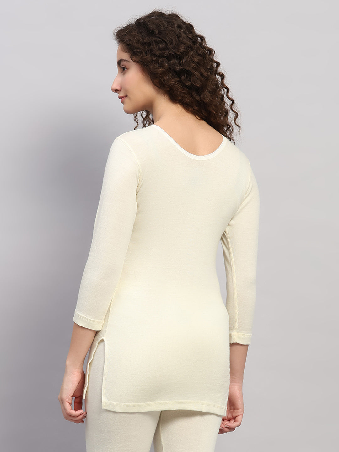 Women Cream Solid Round Neck 3/4th Sleeve Thermal Vest