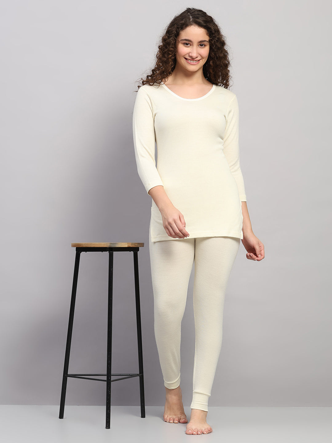 Women Cream Solid Round Neck 3/4th Sleeve Thermal Vest