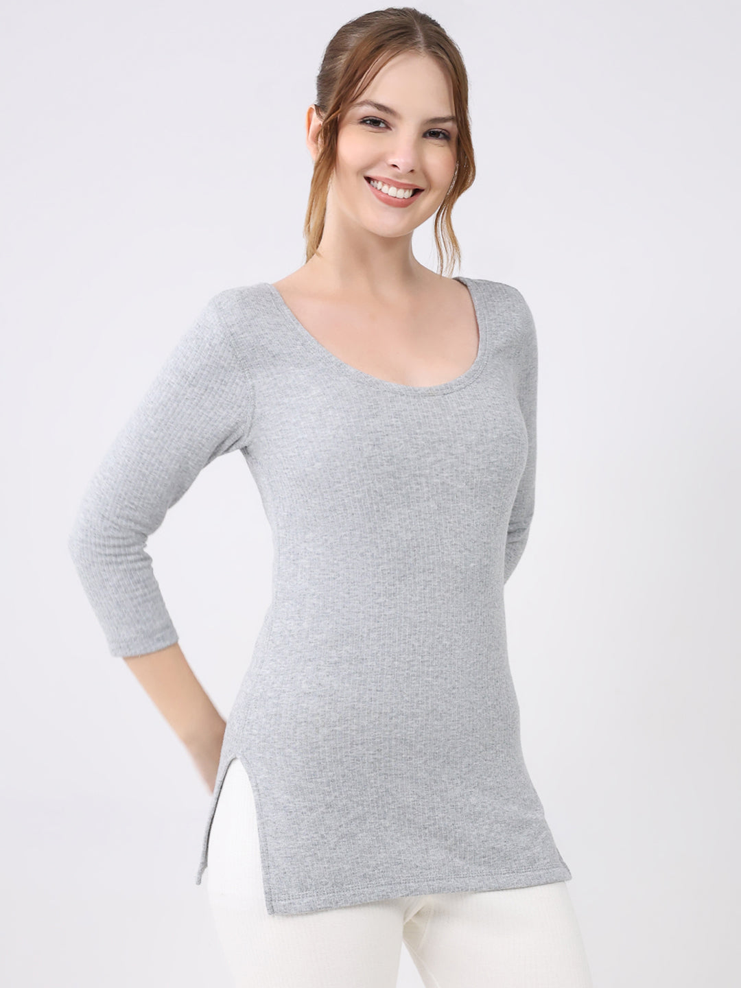 Women Grey Solid Round Neck 3/4th Sleeve Thermal Vest