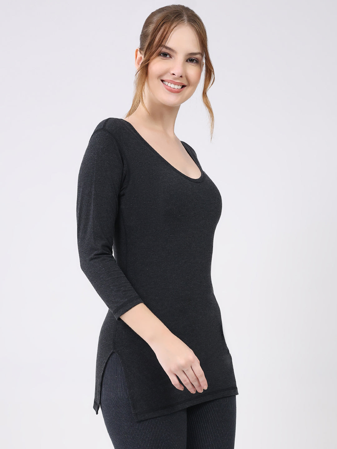Women Charcoal Solid Round Neck 3/4th Sleeve Thermal Vest