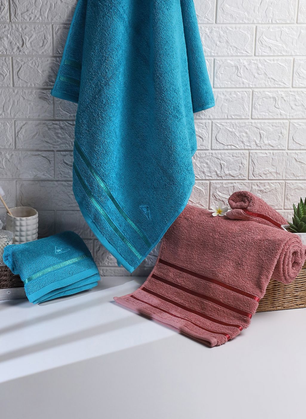 Blue & Brown Cotton 525 GSM Towel Set Pack of 4 (2 Bath & 2 Hand Towels)