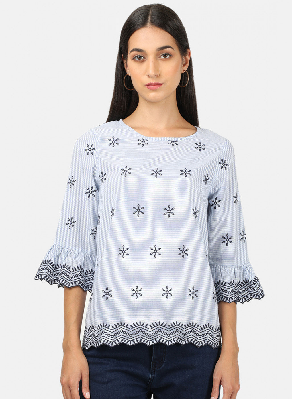 Womens Blue Embroidered Top