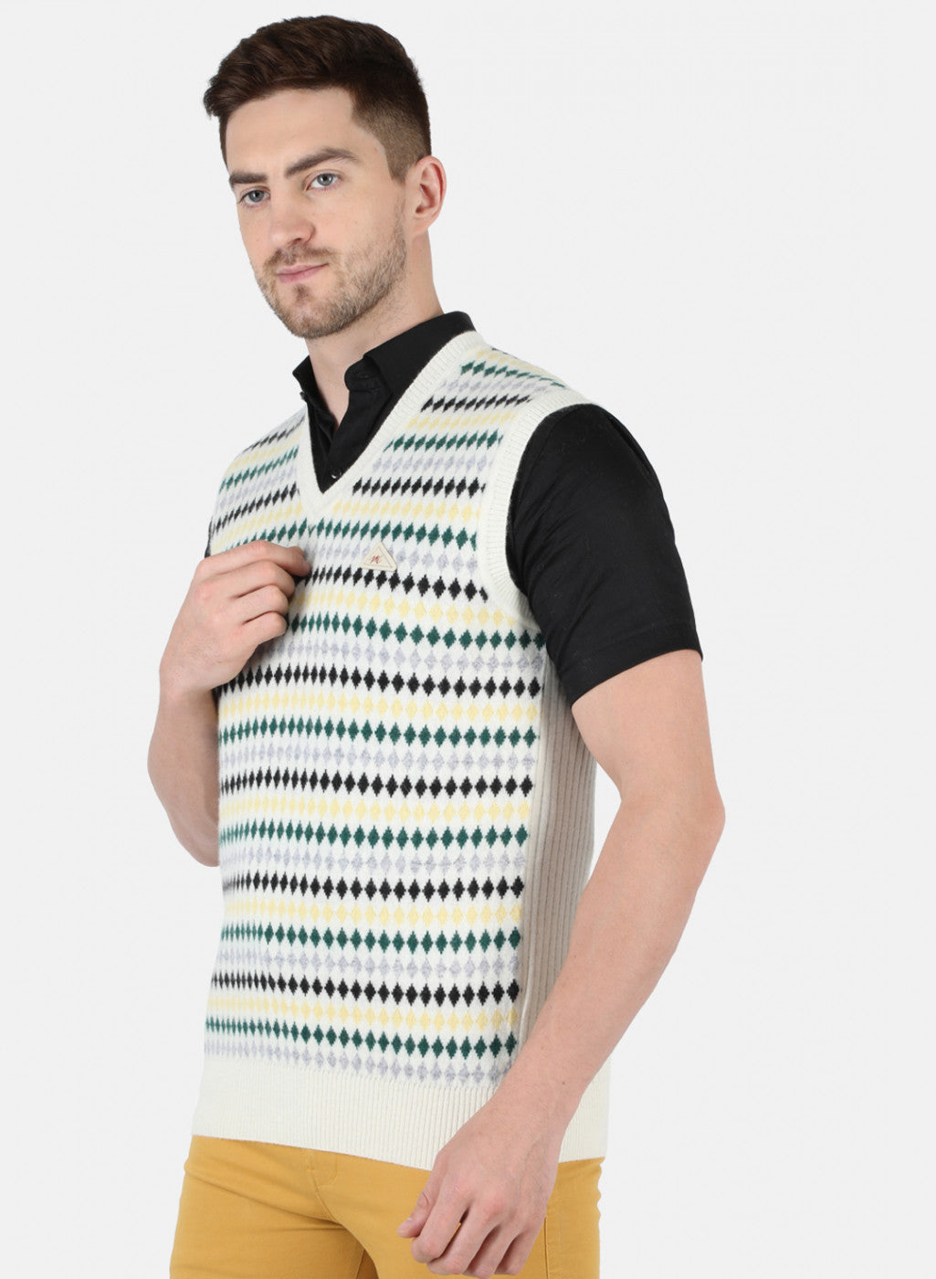 Men Off White Self Design Sweater