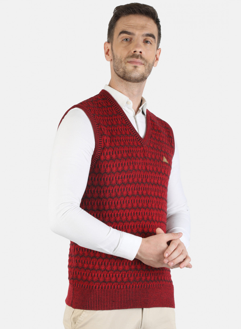 Men Red Self Sweater