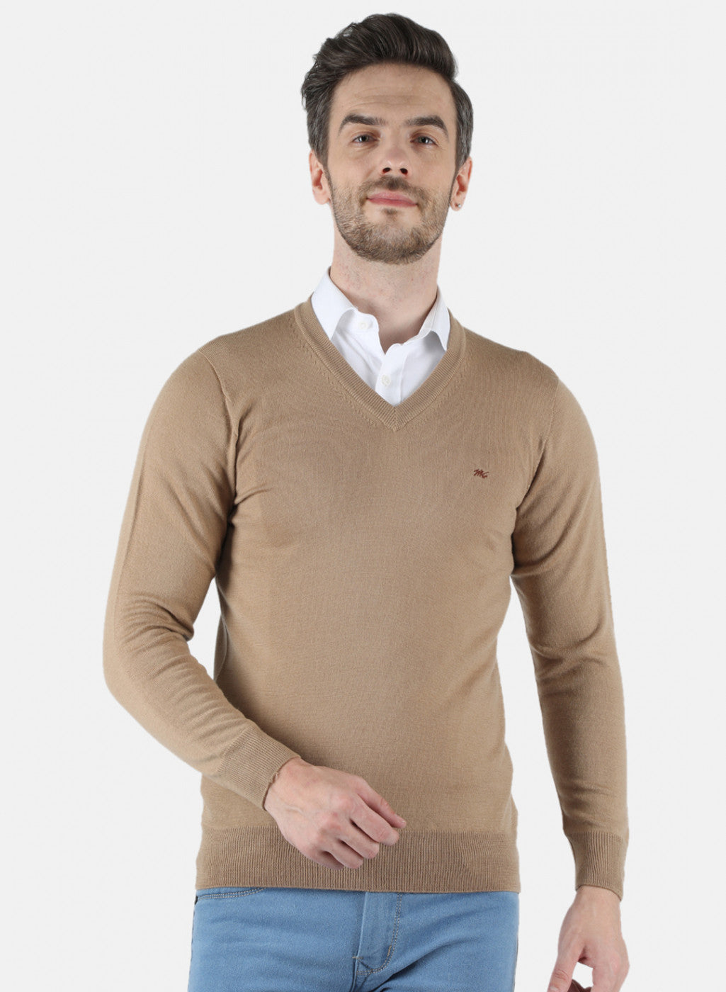Men Beige Solid Pullover