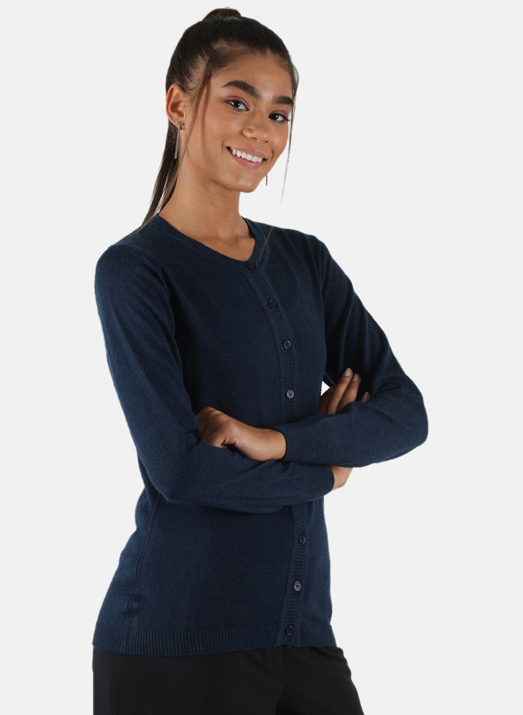 Women Navy Blue Solid Cardigan