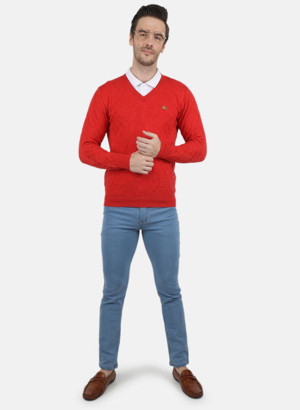 Men Red Self Design Pullover