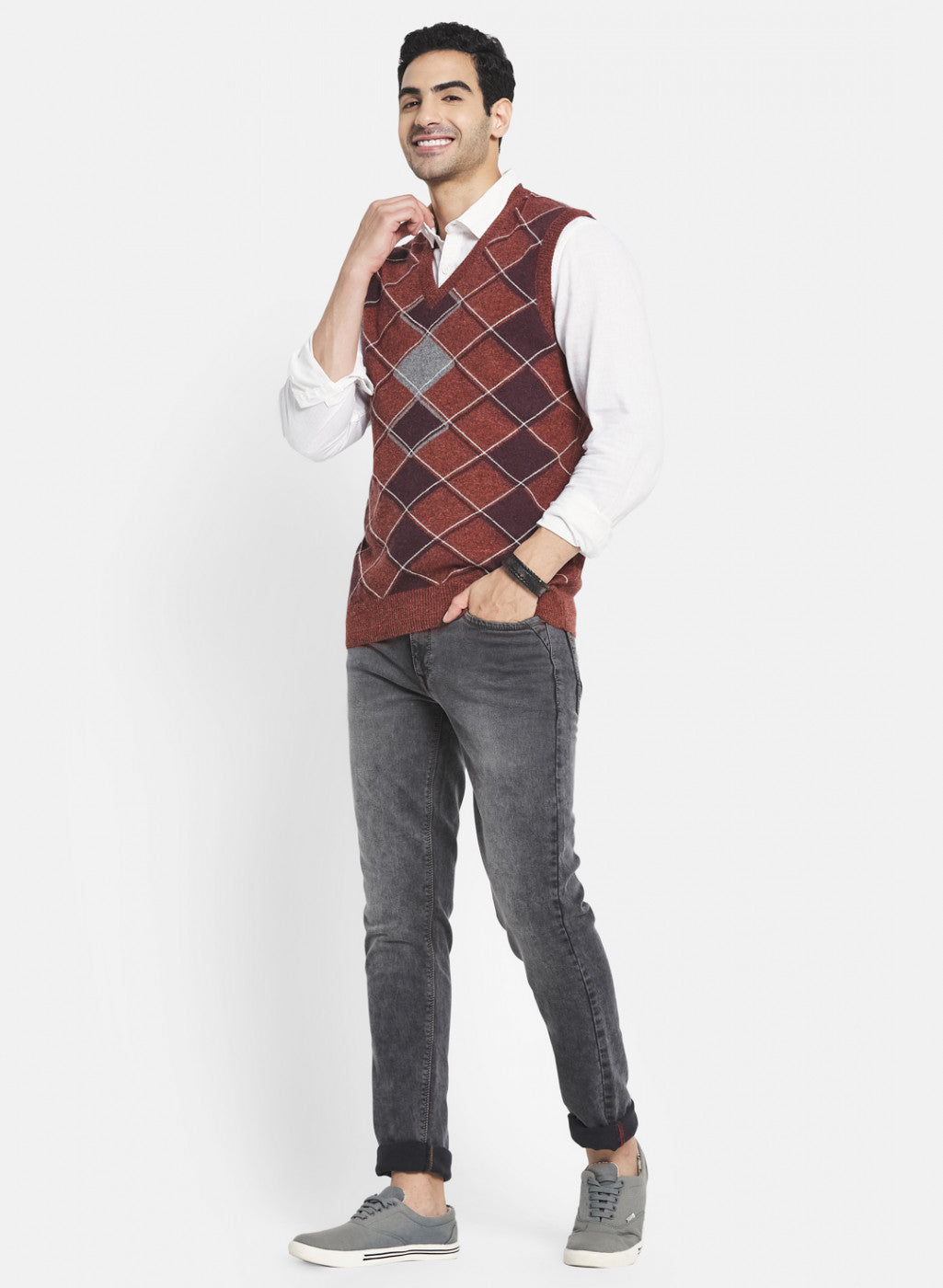 Men Rust Brown Printed Sweater