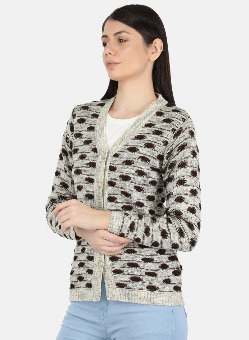 Women Light Brown Self Design Cardigan