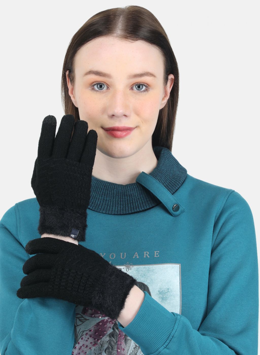 Women Black Self Design Gloves