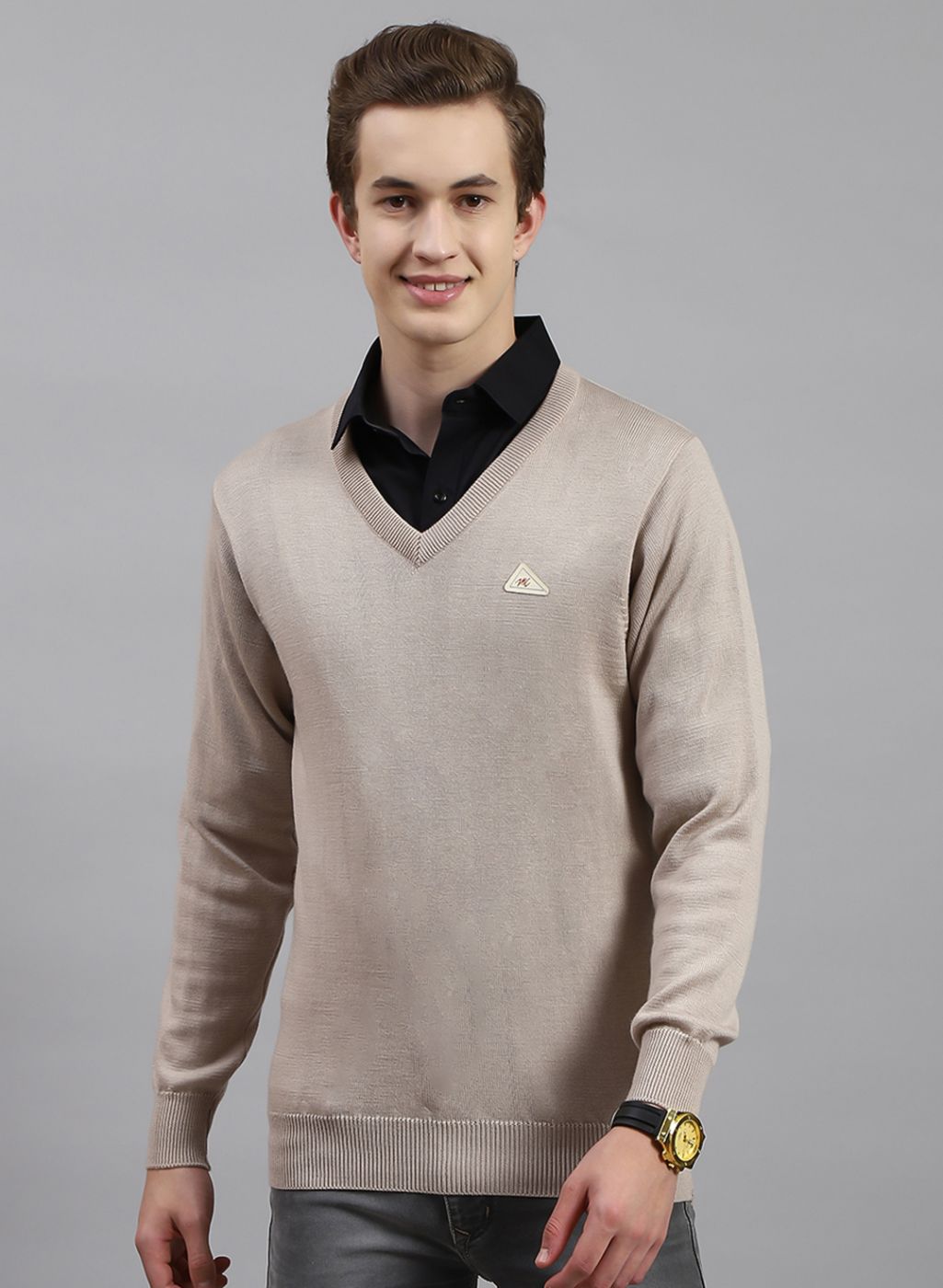 Men Beige Solid Pure wool Pullover