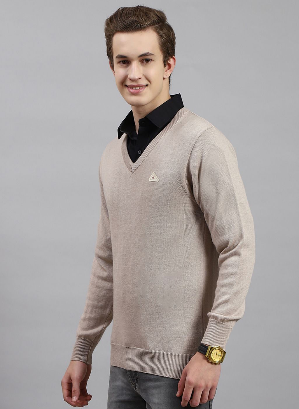 Men Beige Solid Pure wool Pullover