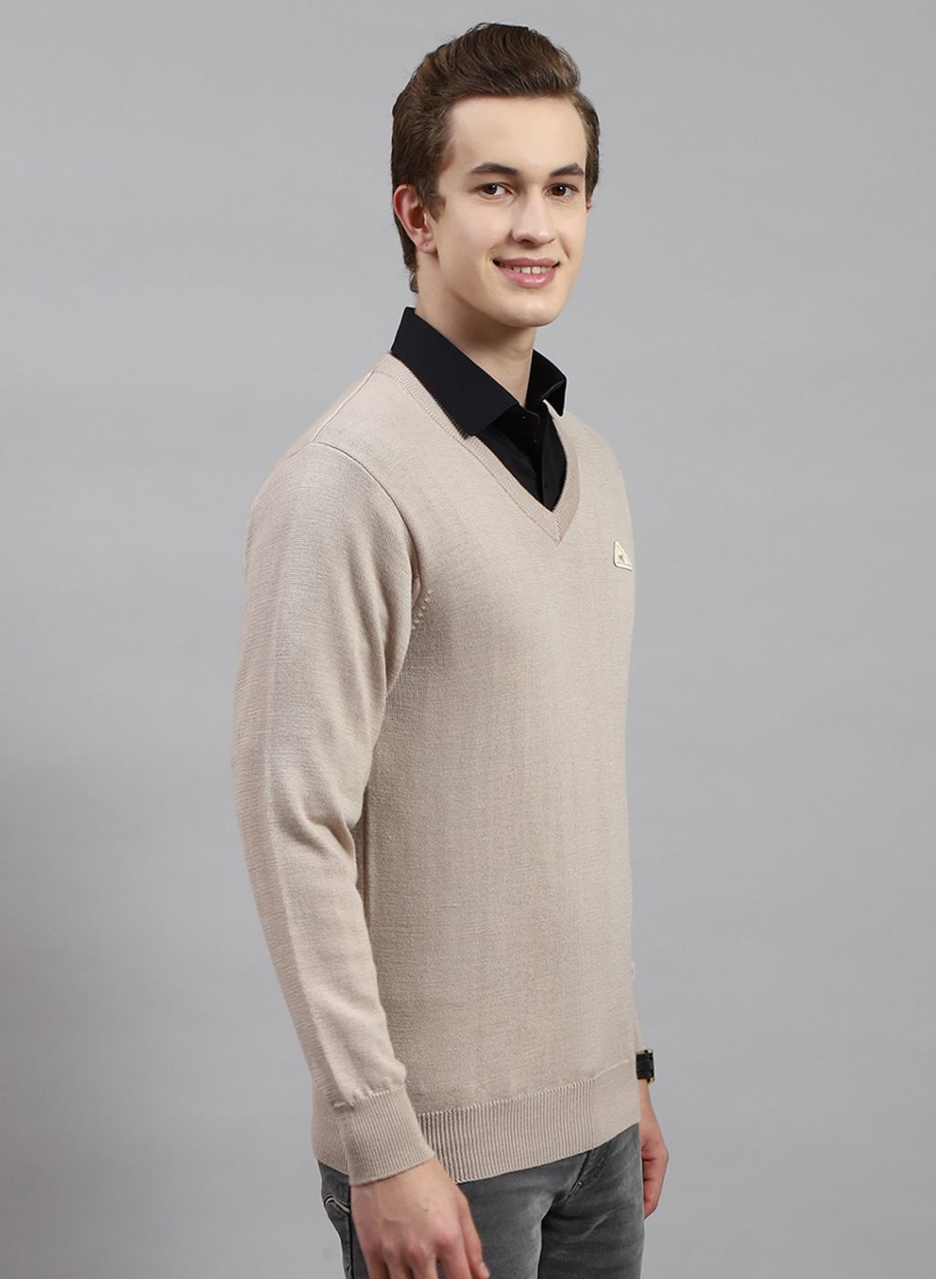 Men Beige Solid Pure wool Pullover