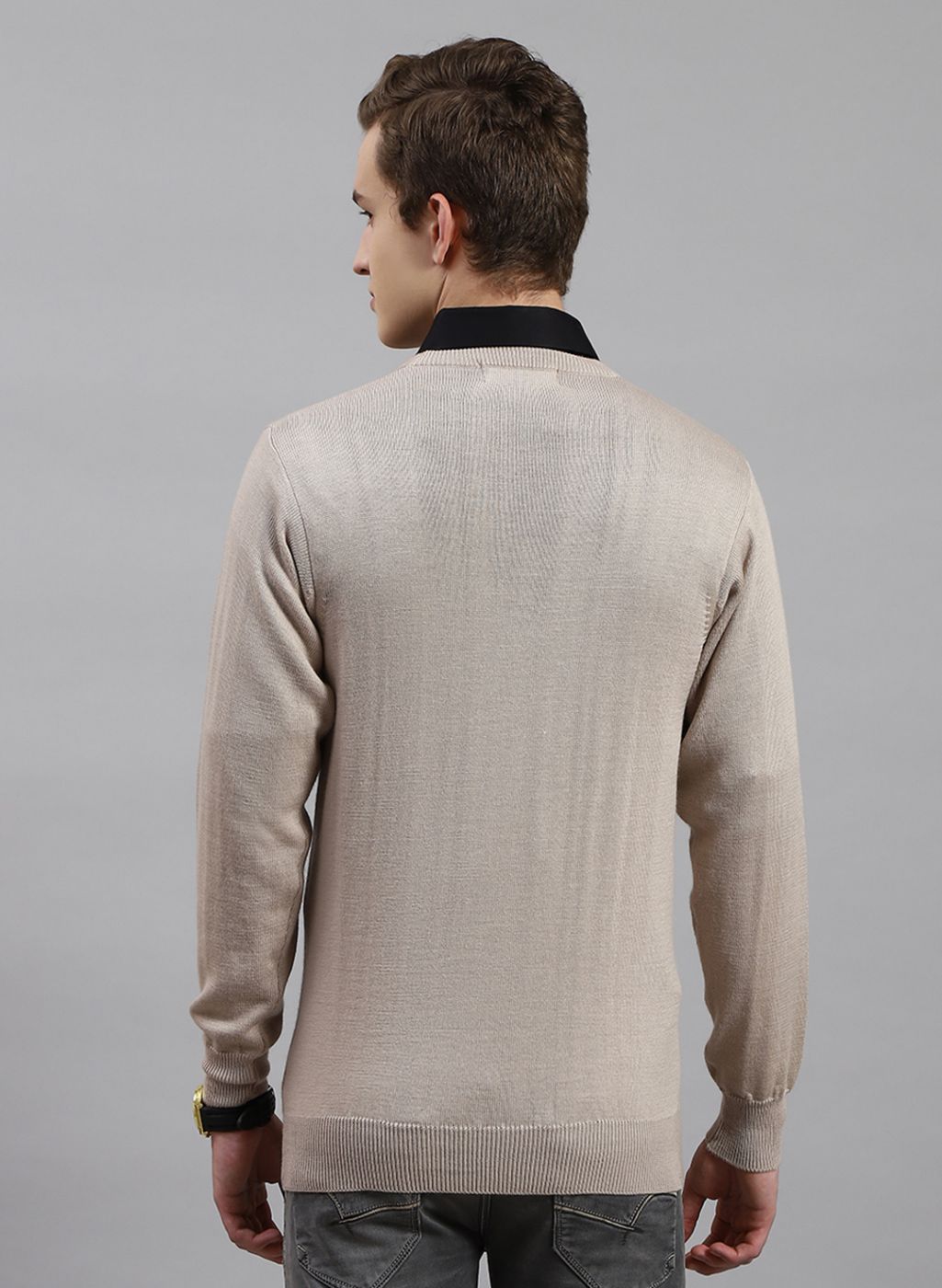 Men Beige Solid Pure wool Pullover