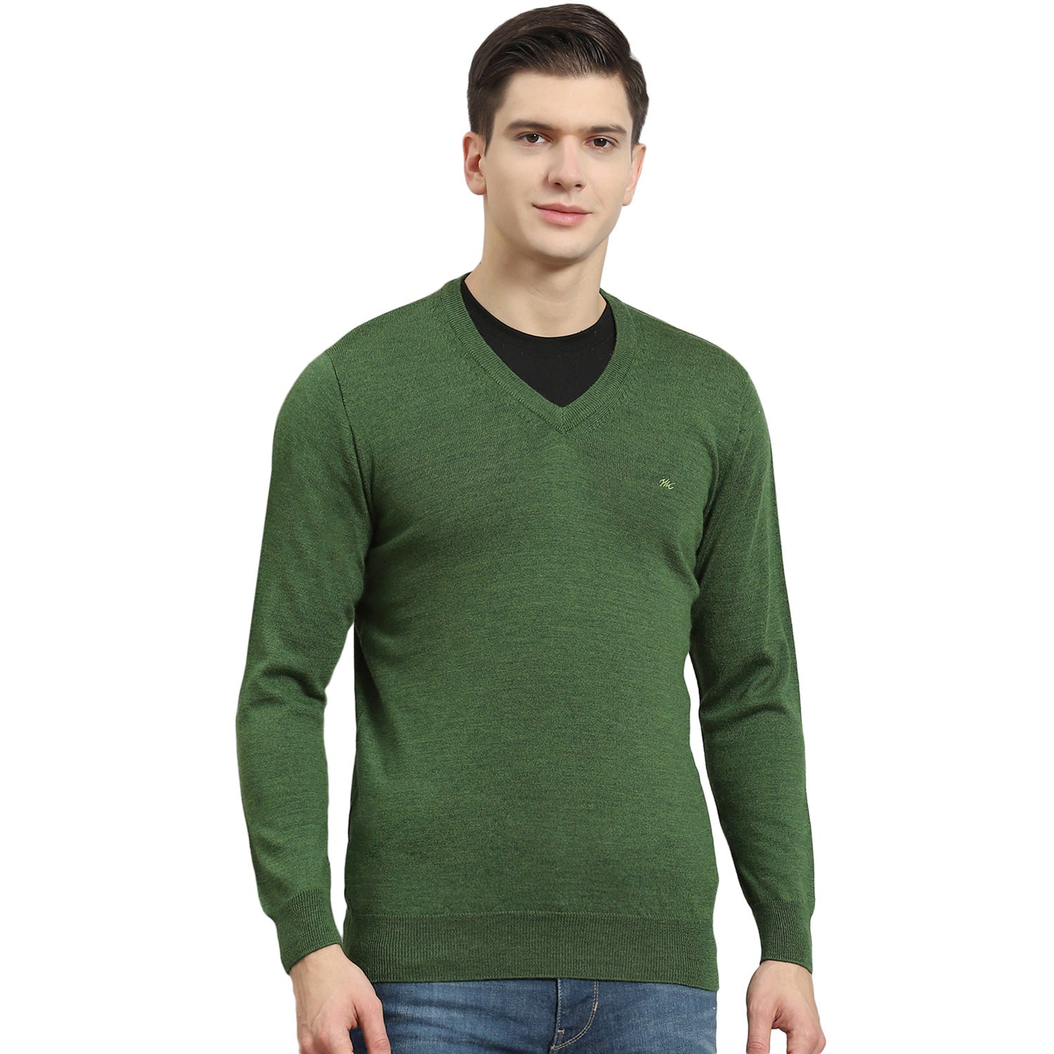 Men Green Solid V Neck Full Sleeve Sweater