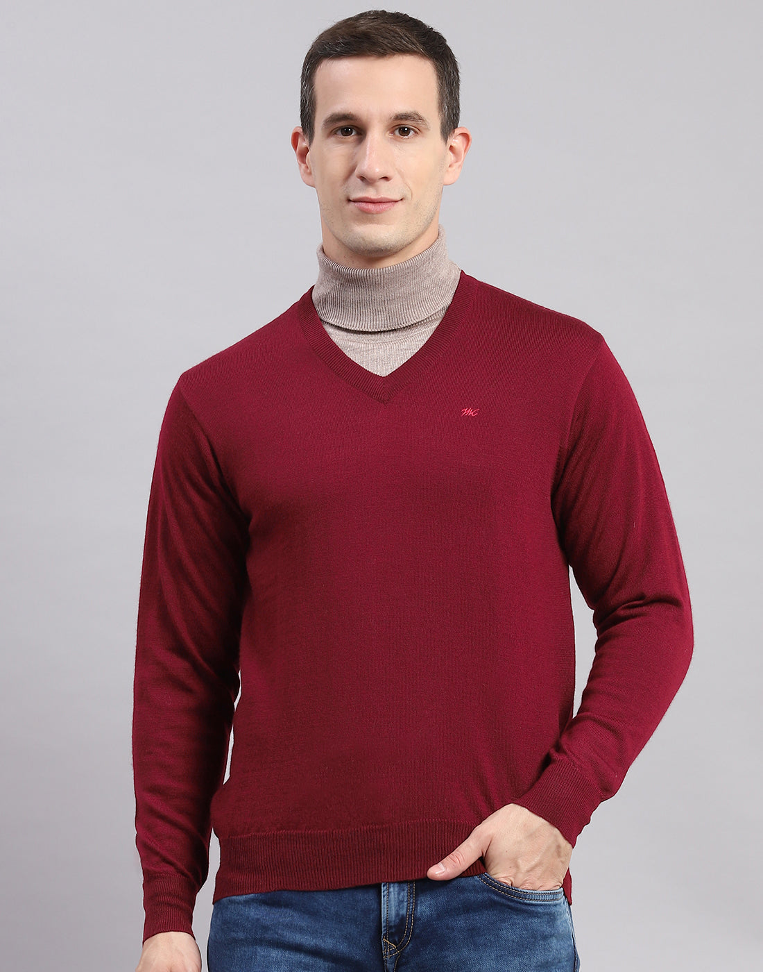 Men Maroon Solid V Neck Full Sleeve Sweaters/Pullovers
