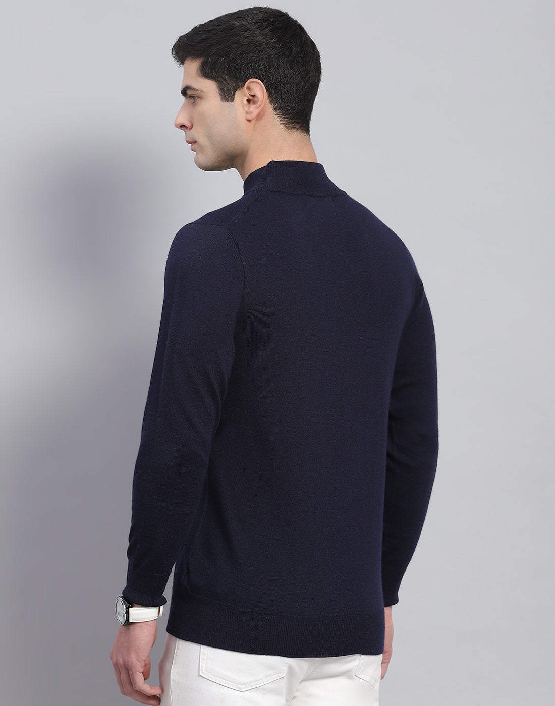 Men Navy Blue Solid T Neck Full Sleeve Pullover