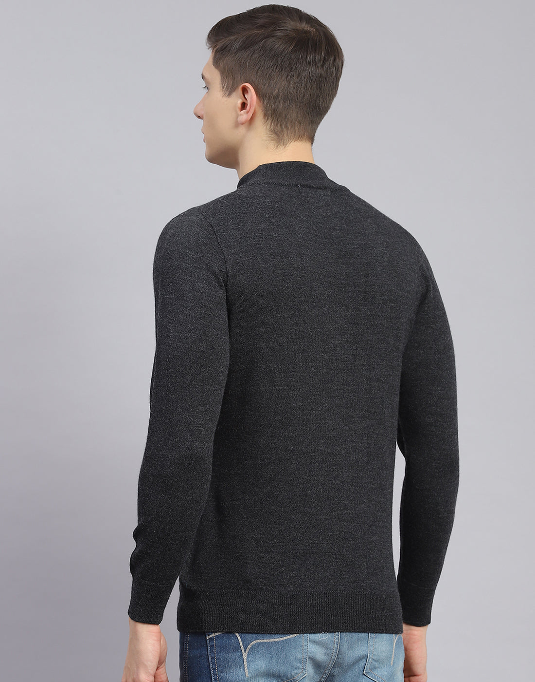 Men Grey Solid T Neck Full Sleeve Sweater