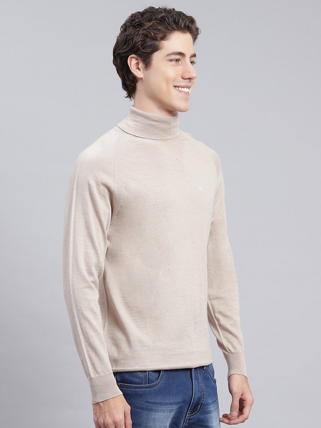 Men Beige Solid Pure wool Pullover