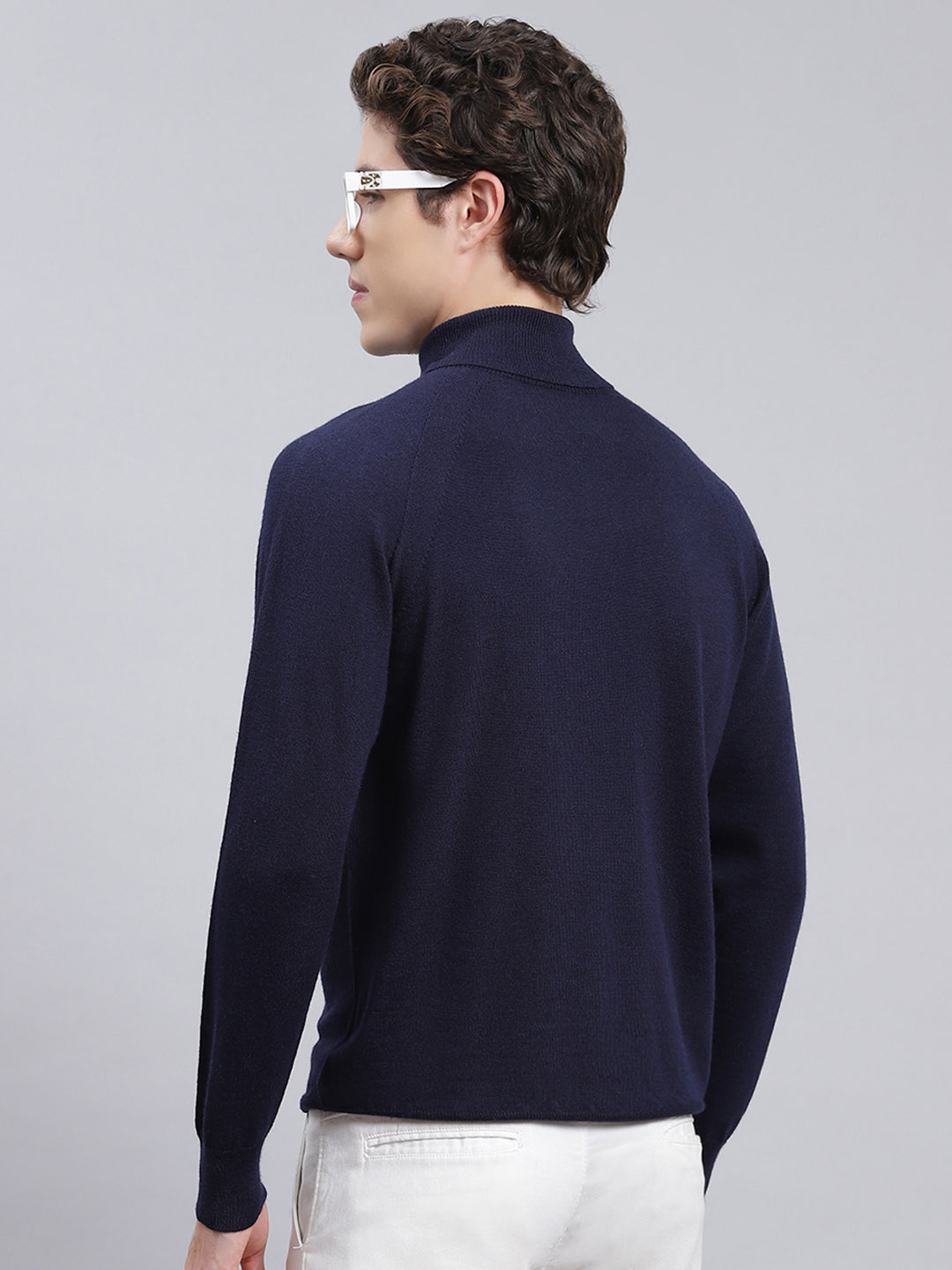 Men Navy Blue Solid Pure wool Pullover