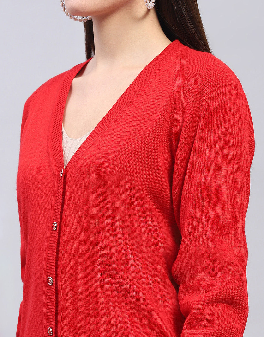 Women Red Solid V Neck Full Sleeve Cardigan