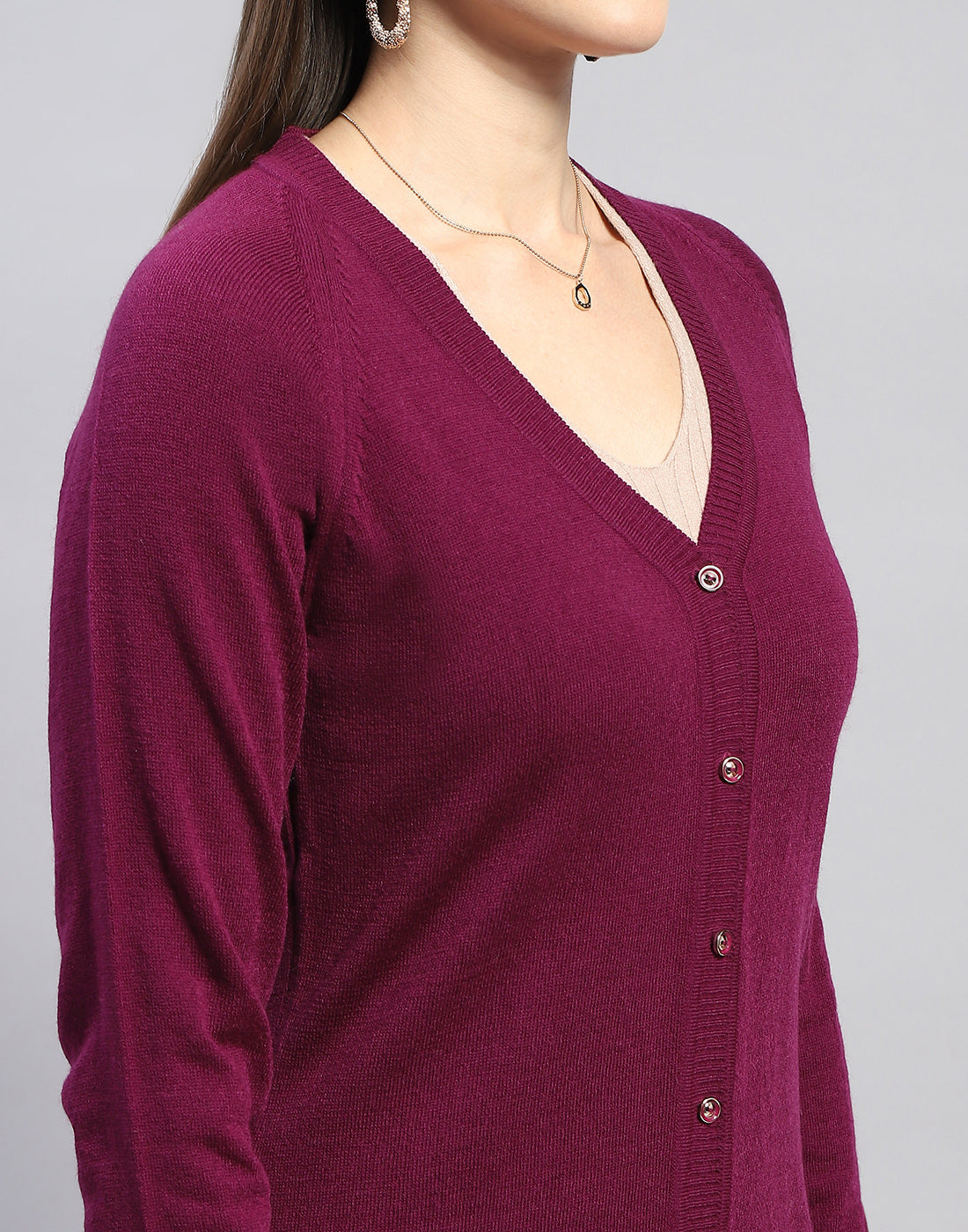 Women Purple Solid V Neck Full Sleeve Cardigan