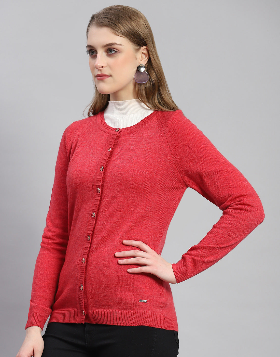 Women Red Solid Round Neck Full Sleeve Cardigan