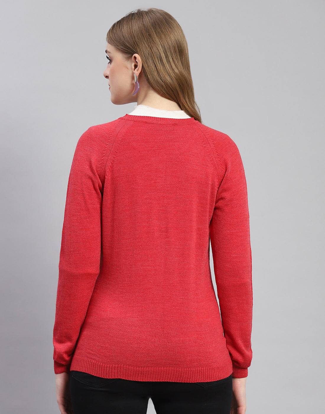 Women Red Solid Round Neck Full Sleeve Cardigan