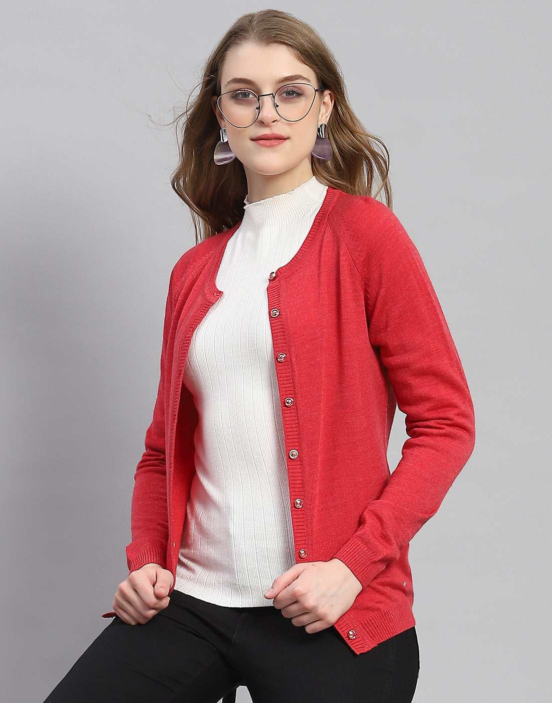 Women Red Solid Round Neck Full Sleeve Cardigan