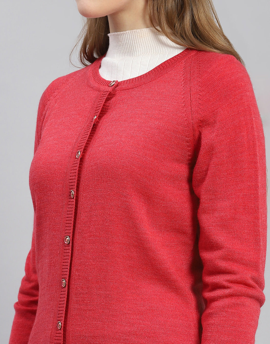 Women Red Solid Round Neck Full Sleeve Cardigan