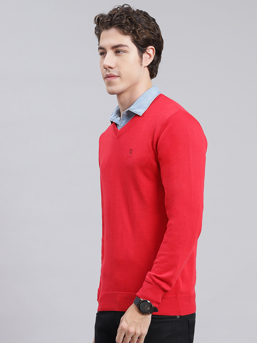 Men Red Solid Cotton Pullover