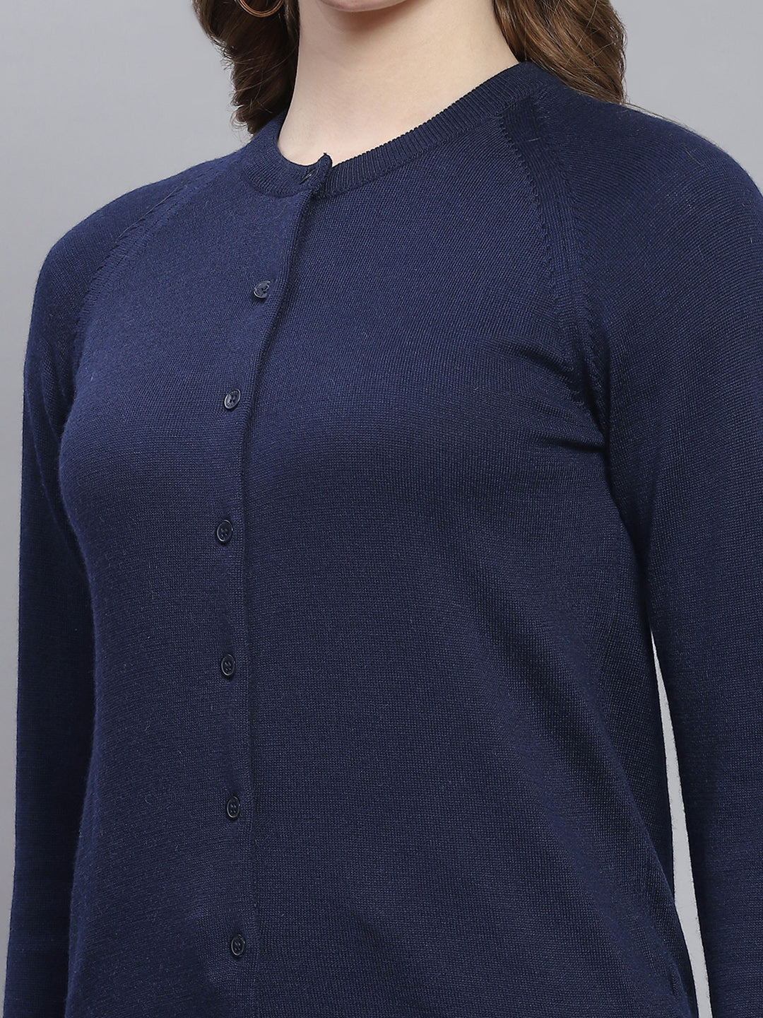 Women Navy Blue Solid Round Neck Full Sleeve Cardigans