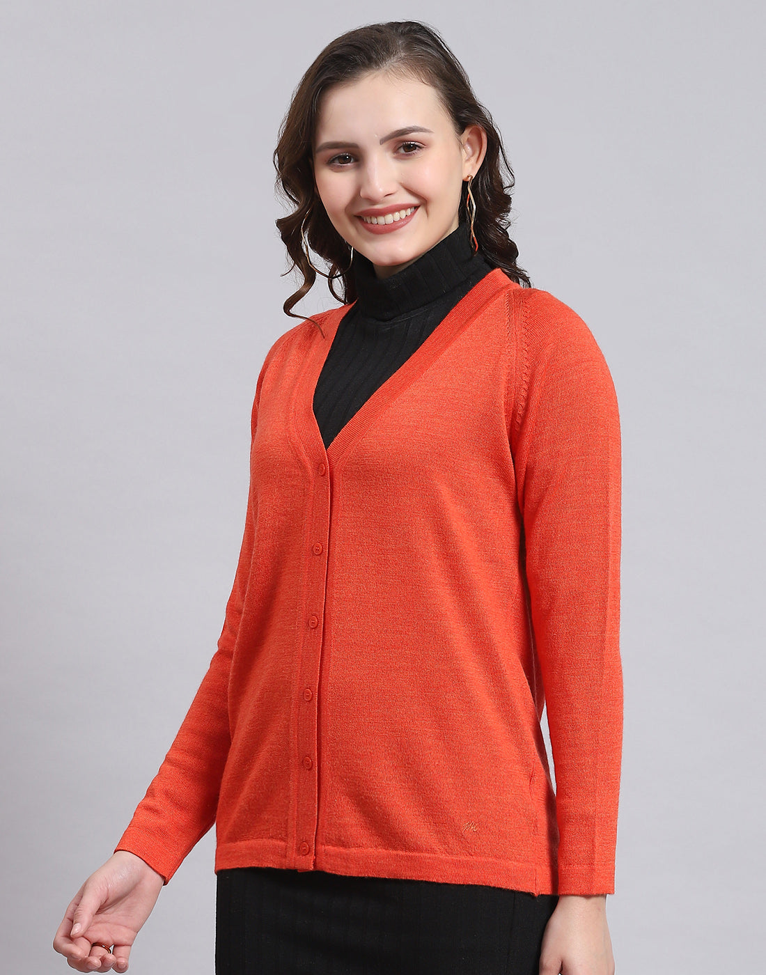 Women Orange Solid V Neck Full Sleeve Sweater