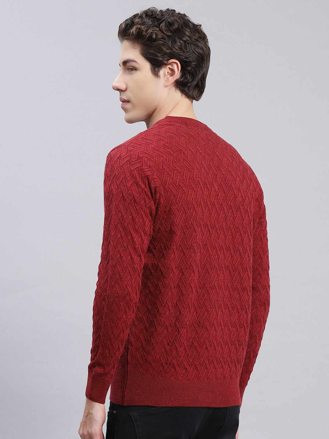 Men Maroon Self Design Wool blend Pullover
