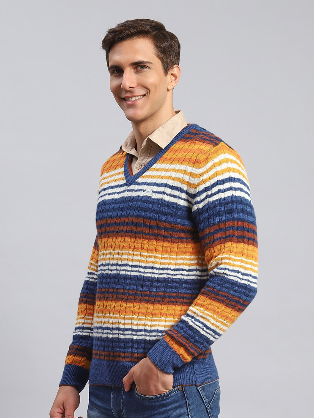 Men Navy Blue Stripe Lamb wool Pullover