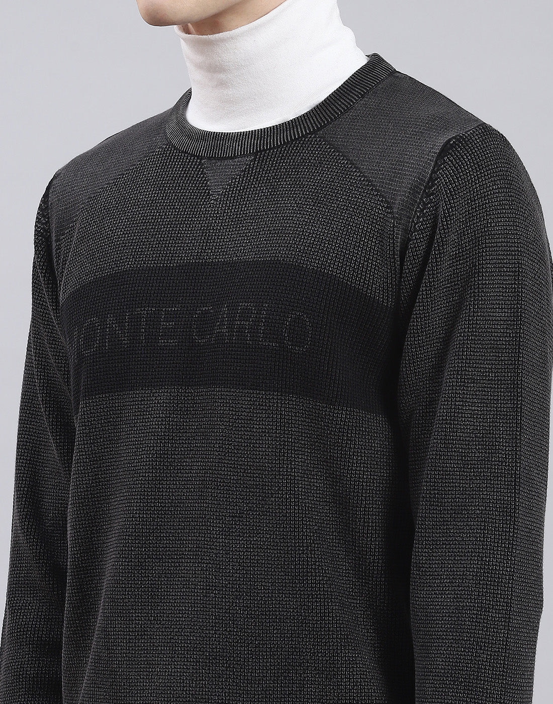 Men Grey Self Design Round Neck Full Sleeve Sweater