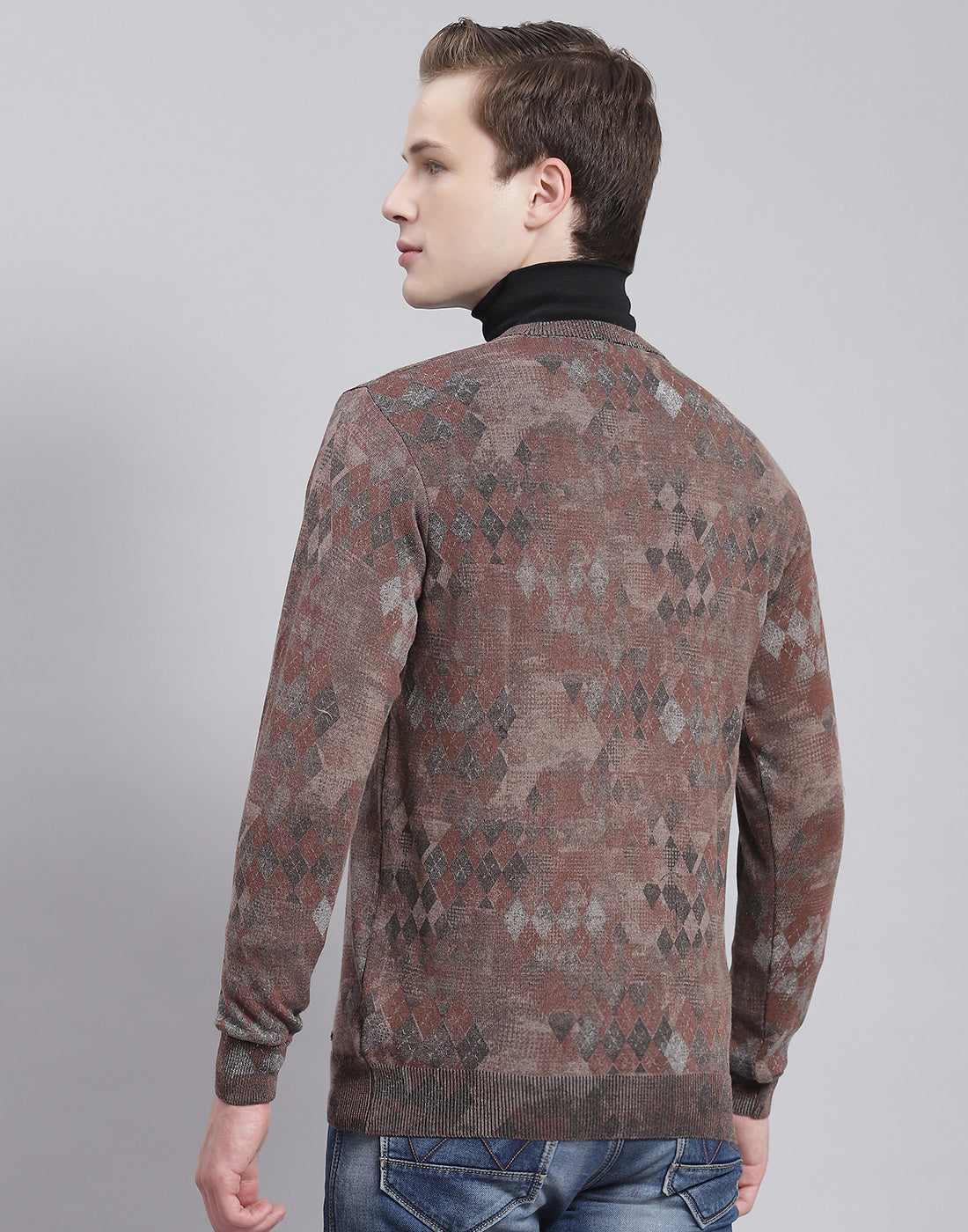 Men Brown Self Design V Neck Full Sleeve Sweater