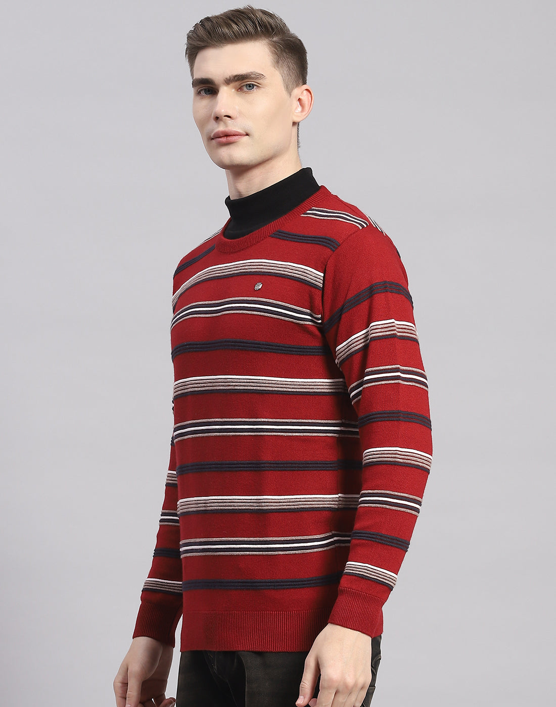 Men Maroon Stripe Round Neck Full Sleeve Pullover
