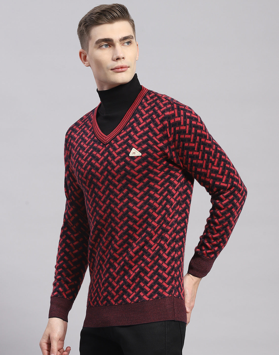 Men Pink Self Design V Neck Full Sleeve Pullover