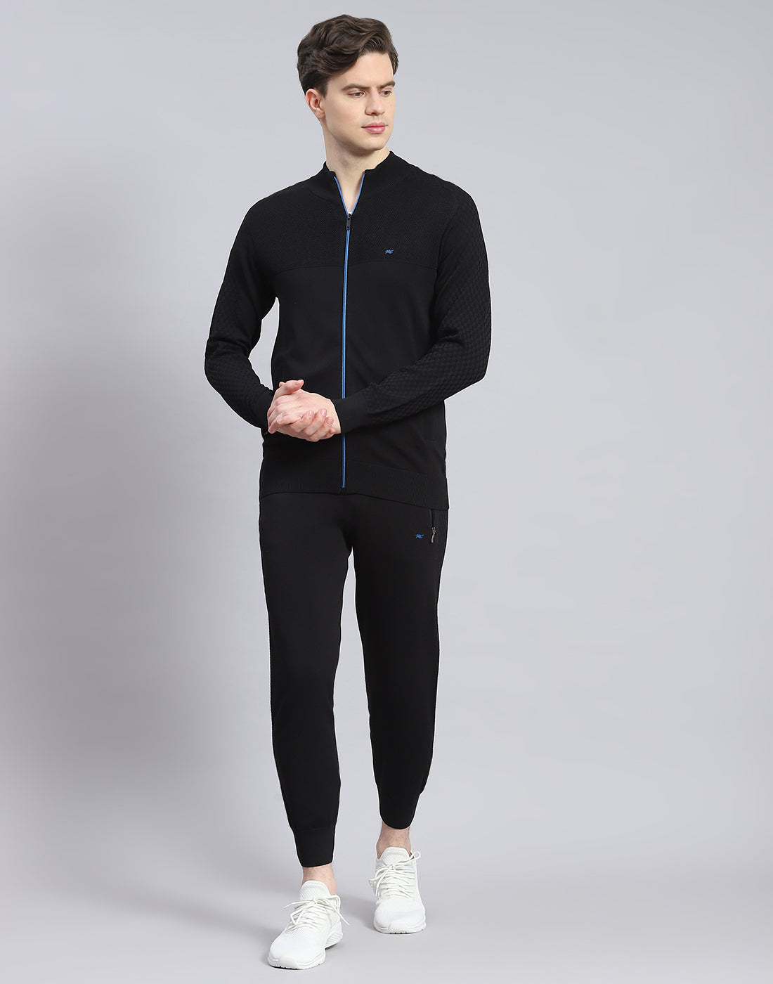 Men Black Self Design Stand Collar Full Sleeve Tracksuit