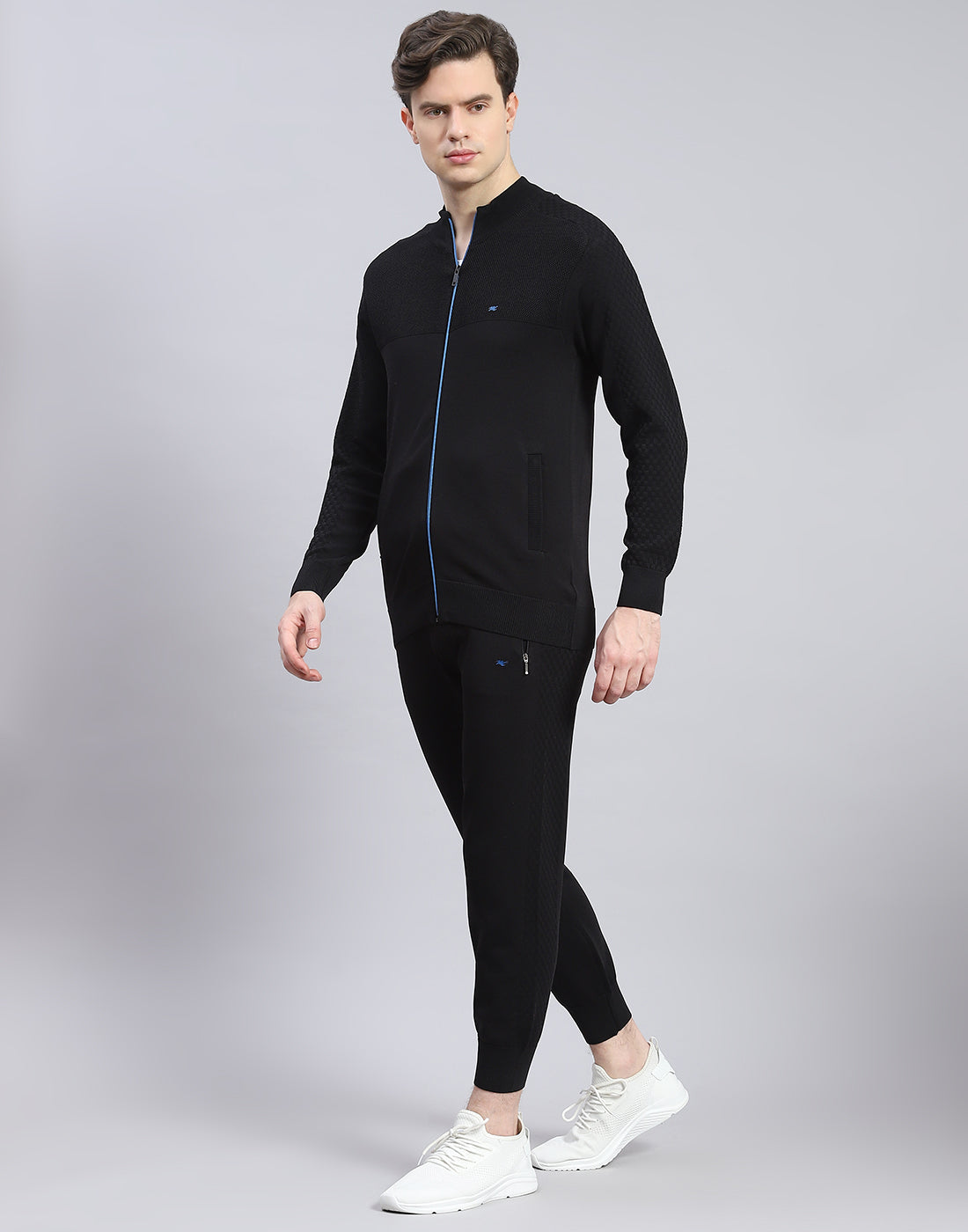 Men Black Self Design Stand Collar Full Sleeve Tracksuit