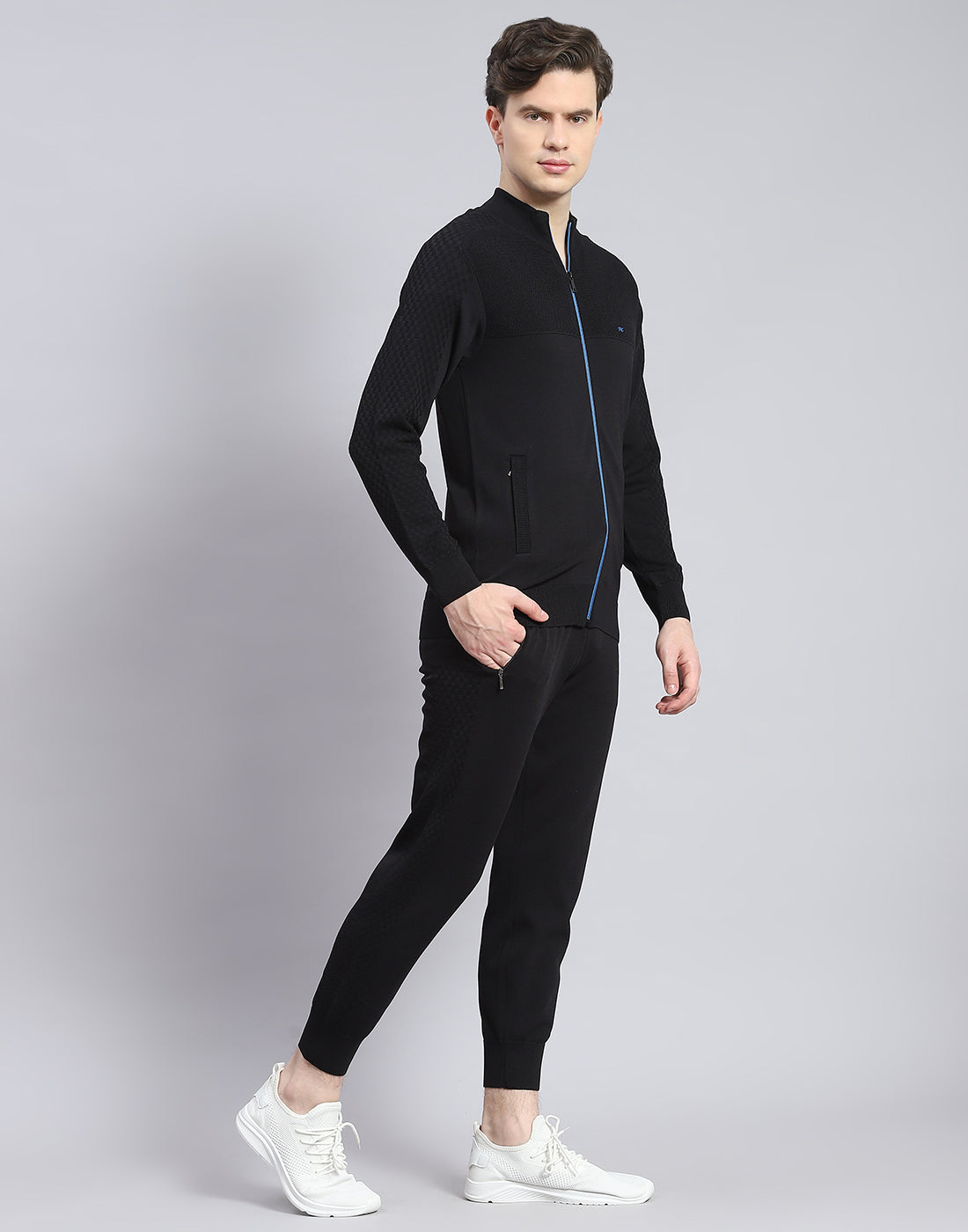 Men Black Self Design Stand Collar Full Sleeve Tracksuit