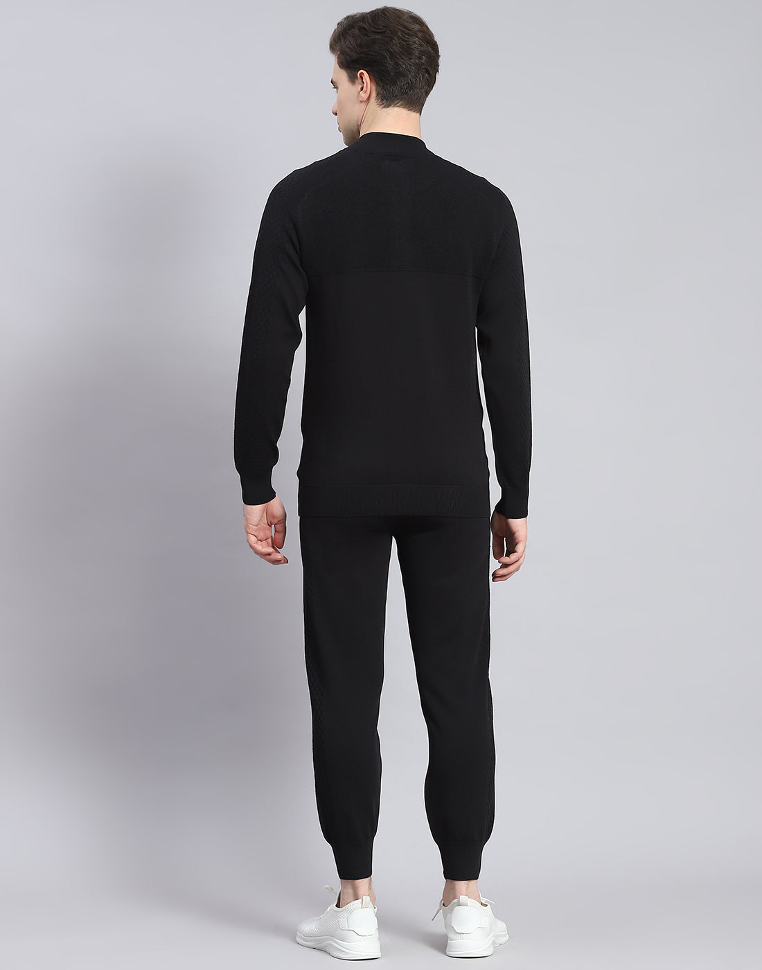 Men Black Self Design Stand Collar Full Sleeve Tracksuit