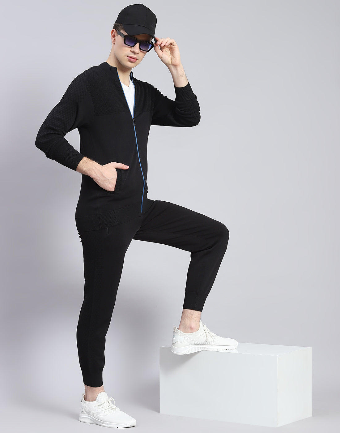 Men Black Self Design Stand Collar Full Sleeve Tracksuit