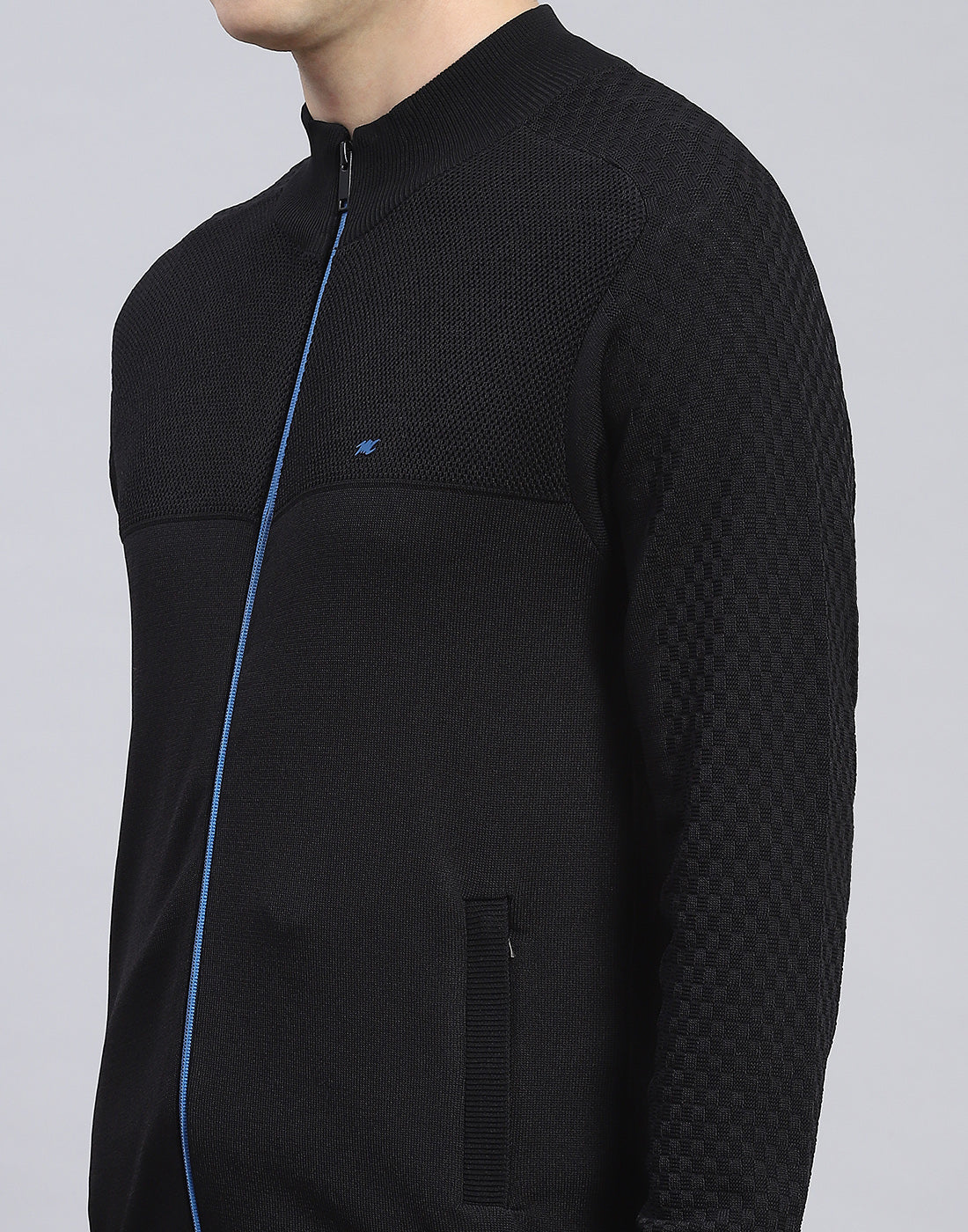 Men Black Self Design Stand Collar Full Sleeve Tracksuit