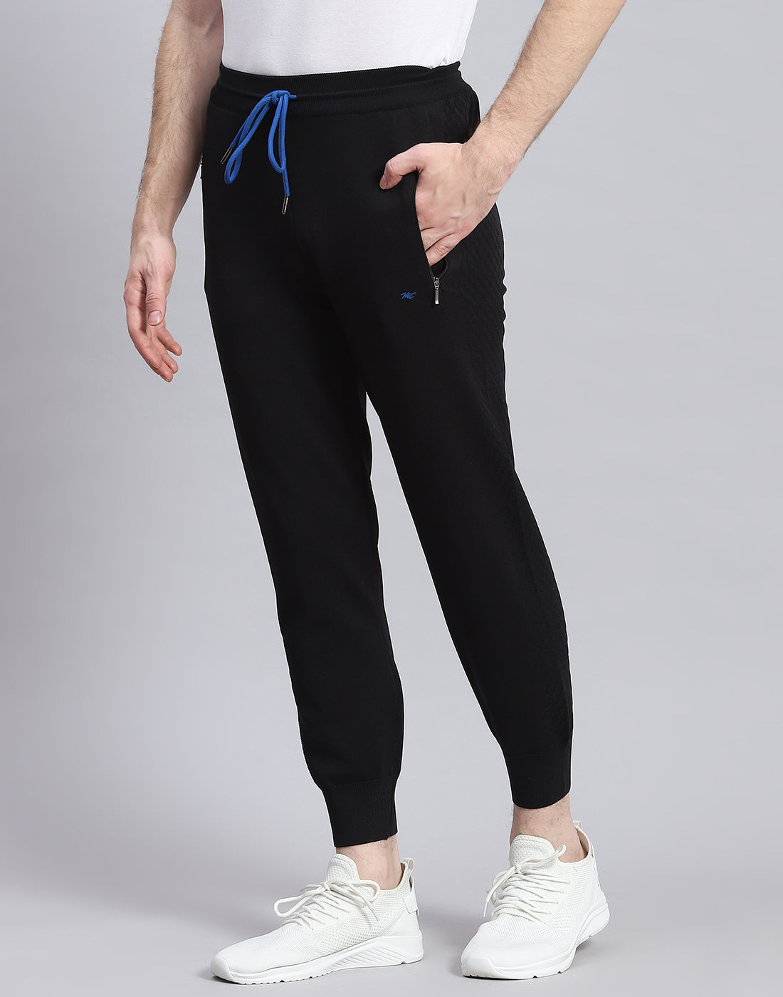 Men Black Self Design Stand Collar Full Sleeve Tracksuit